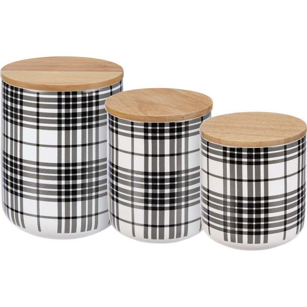 Set of 3 Black & White Plaid Design Stoneware Canisters from Primitives by Kathy