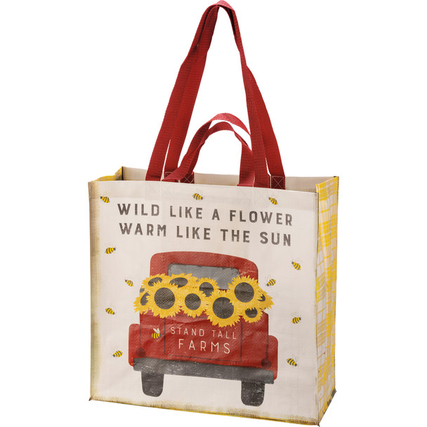 Red Daisies Pickup Truck Stand Tall Farms Double Sided Market Tote Bag from Primitives by Kathy