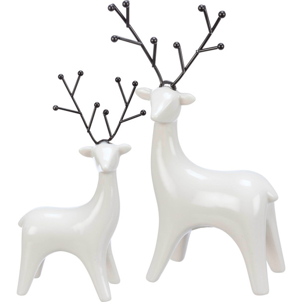 Set of 2 White Ceramic Deer Figurines with Black Antlers from Primitives by Kathy