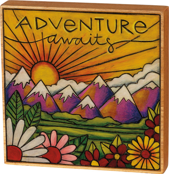 Adventure Awaits Vibrantly Colored Decorative Wooden Block Sign from Primitives by Kathy