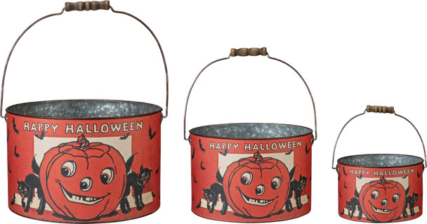 Set of 3 Retro Themed Happy Halloween Jack O Lantern Buckets from Primitives by Kathy