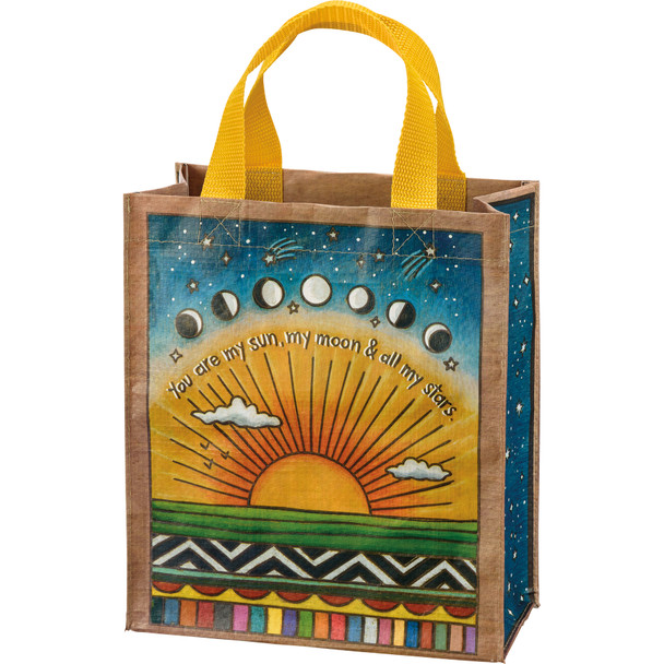 Double Sided Daily Tote Bag - You Are My Sun My Moon & All My Stars - Vibrant Woodurn Art Design from Primitives by Kathy