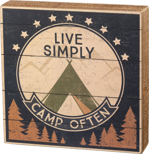 Decorative Slat Wood Box Sign Décor - Live Simply Camp Often 8x8 from Primitives by Kathy