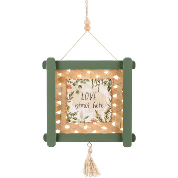 Love Grows Here Watercolor Botanical Design Rattan Details Hanging Framed Wooden Sign from Primitives by Kathy
