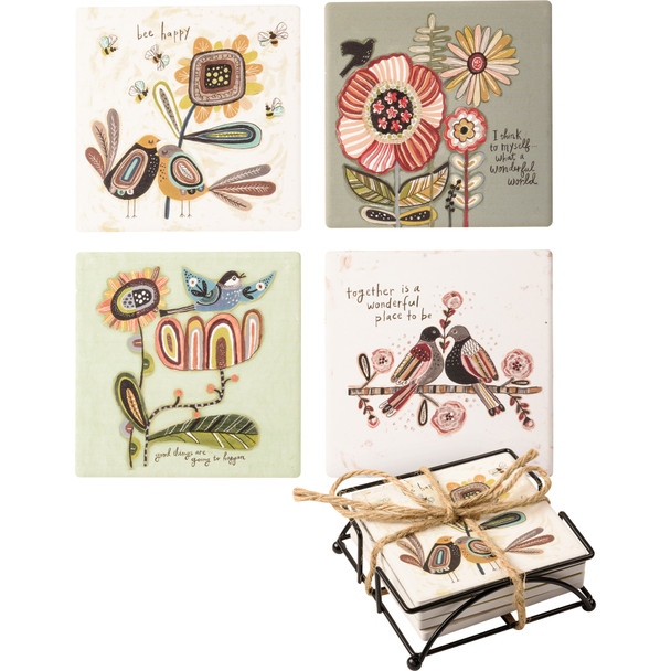Folkart Birds & Flowers Drink Coaster Set of 4 (Wonderful World & Together & Good Things) from Primitives by Kathy