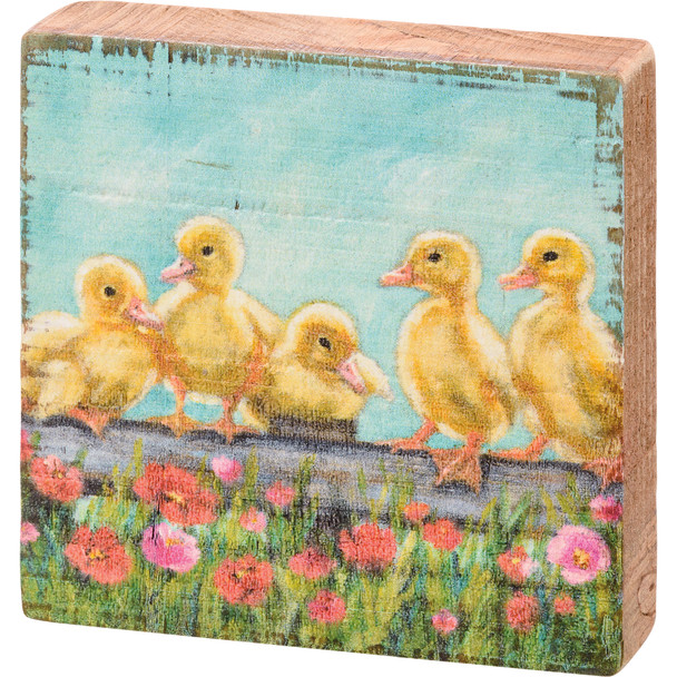Spring Ducklings & Flowers Decorative Farmhouse Collection Wooden Block Sign 3.5 Inch from Primitives by Kathy