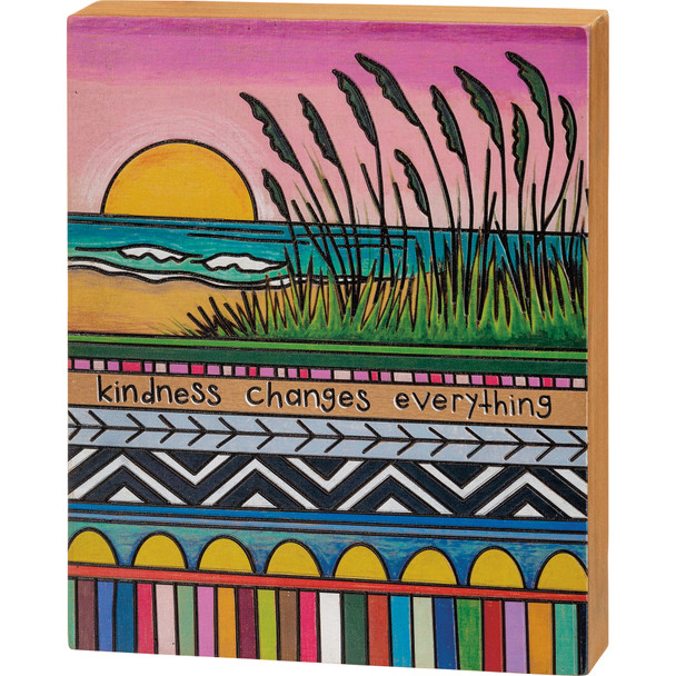 Colorful Wood Burn Seagrass & Setting Sun Kindness Changes Everything Wooden Box Sign 8x10 from Primitives by Kathy