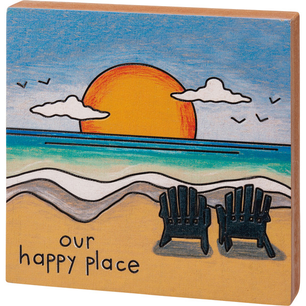 Colorful Wood Burn Art Beach Chairs & Sunset Our Happy Place Wooden Block Sign 6x6 from Primitives by Kathy