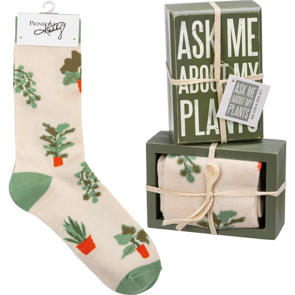 Ask Me About My Plants Decorative Wooden Box Sign & Socks Gift Set from Primitives by Kathy