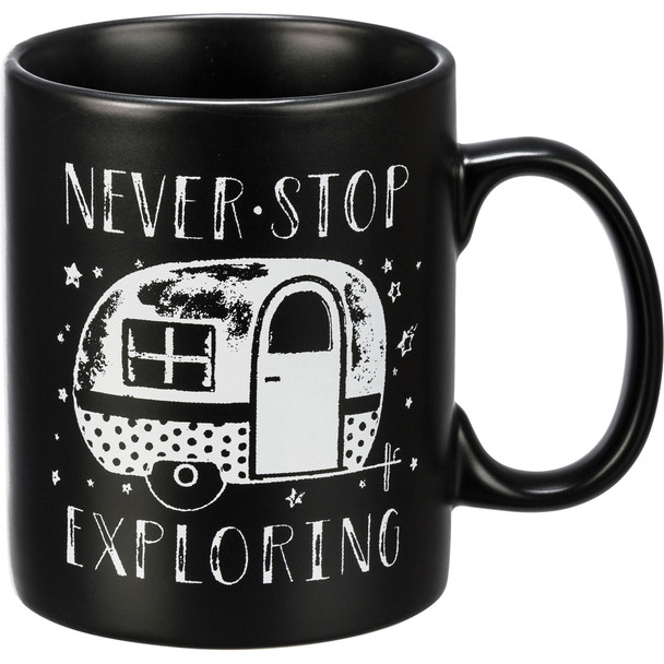 RV Camper Never Stop Exploring Chalk Art Double Sided Black Stoneware Coffee Mug 20 Oz from Primitives by Kathy