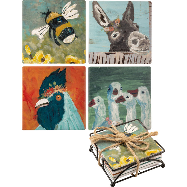 Set of 4 Absorbent Stoneware Drink Coasters (Bumblebee & Donkey & Rooster & Geese) from Primitive by Kathy