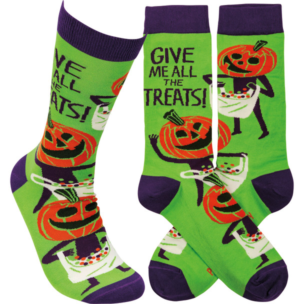 Colorfully Printed Cotton Novelty Socks - Halloween Pumpkin Themed Give Me All The Treats from Primitives by Kathy