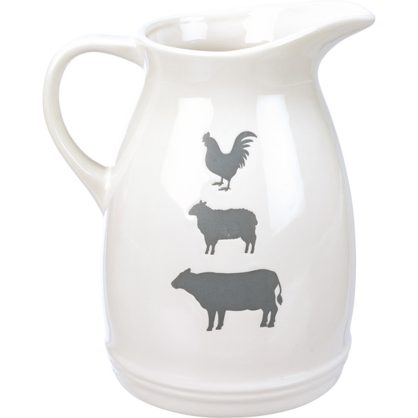 White Stoneware Pitcher - Debossesd Gray Farm Animals Design from Primitives by Kathy