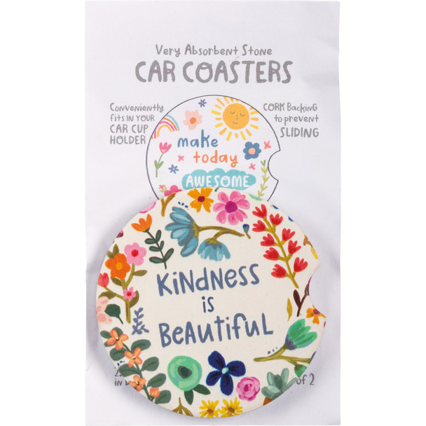 Colorful Floral Design Car Drink Coaster Set of 2 (Kindness Is Beautiful & Make Today Awesome) from Primitives by Kathy