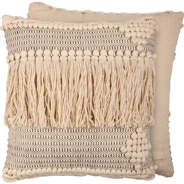 Boho Tassels Cream Colored Decorative Cotton Throw Pillow 18x18 from Primitives by Kathy