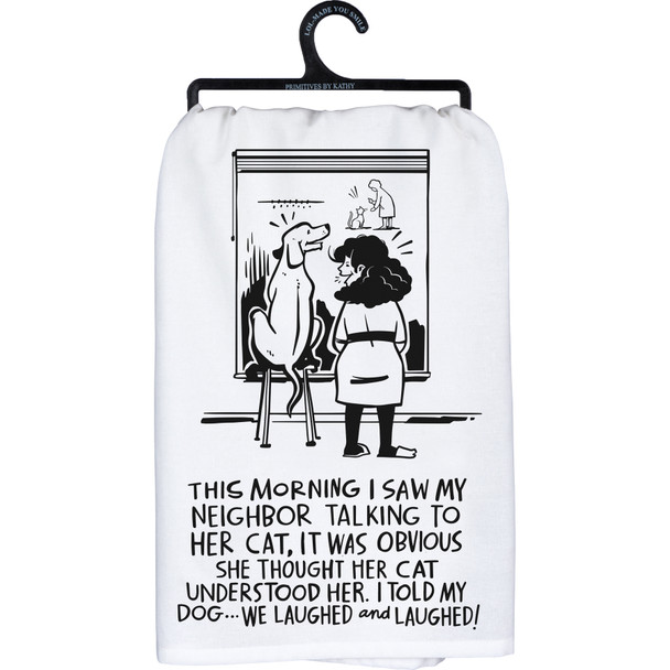 Cotton Kitchen Dish Towel - Pet Lover - Neighbor Talking To Cat 28x28 from Primitives by Kathy