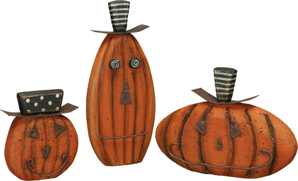 Set of 3 Wooden Jack O Lantern Pumpkin Figurines from Primitives by Kathy