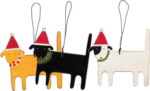 Set of 3 Wooden Dog Shaped Hanging Christmas Ornaments 3.5 Inch from Primitives by Kathy