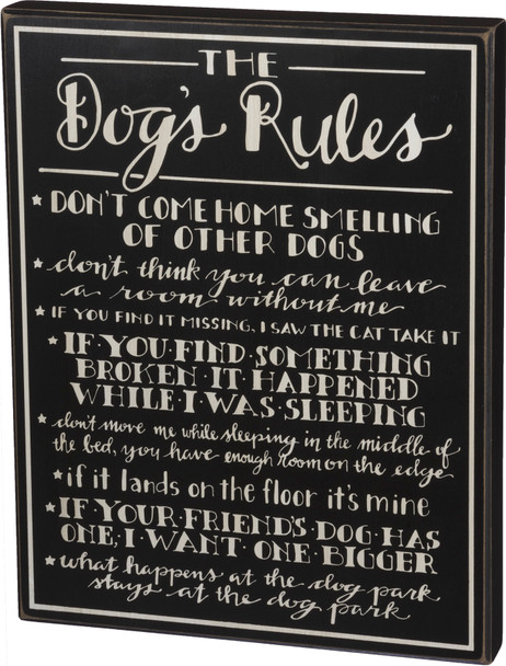 The Dog's Rules Decorative Black & White Wooden Box Sign 13.25 Inch x 17 Inch from Primitives by Kathy