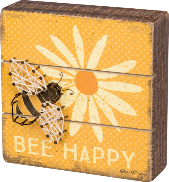 Bumblebee & Flower Bee Happy Decorative String Art Wooden Slat Box Sign 6x6 from Primitives by Kathy