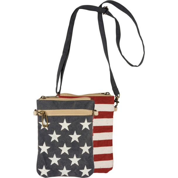 Patriotic Stars & Stripes Canvas & Leather Crossbody Handbag Purse from Primitives by Kathy