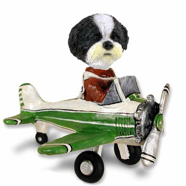 Dog Lover Doogie Collectible Figurine - Shih Tzu Black & White W/sport Cut Airplane From Conversation Concepts