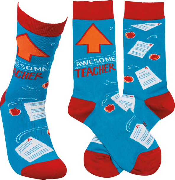 Awesome Teacher Colorfully Printed Socks by Artist LOL Made You Smile from Primitives by Kathy