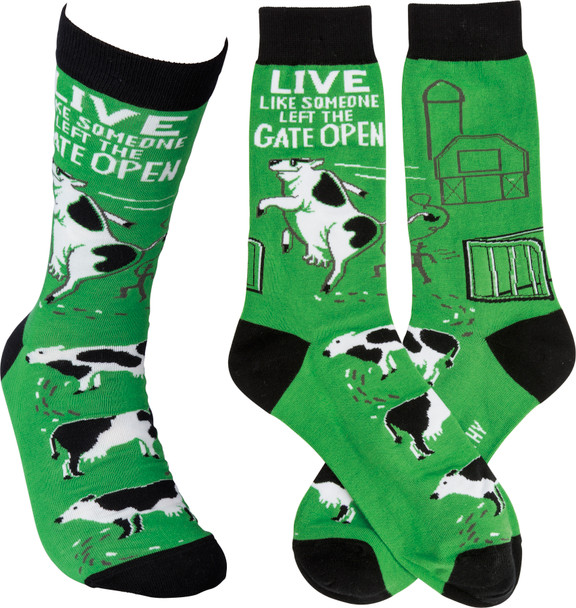 Live Like Someone Left The Gate Open Colorfully Printed Cotton Socks from Primitives by Kathy