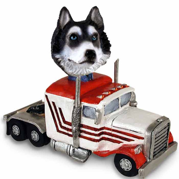 Dog Lover Hand-painted Figurine - Husky Black & White W/blue Eyes Truck Tractor Doogie Collectible From Conversation Concepts