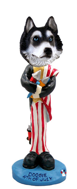 Dog Lover Hand-painted Figurine - Husky Black & White W/blue Eyes 4th Of July Doogie Collectible From Conversation Concepts