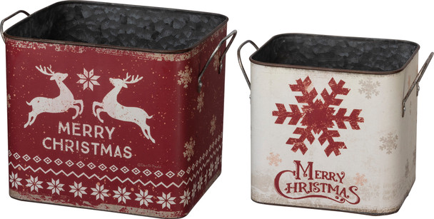 Set of 2 Decorative Metal Storage Bins Snowflake & Reindeer Merry Christmas from Primitives by Kathy