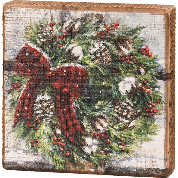 Decorative Wooden Block Sign Decor- Snowy Winter Wreath With Red Plaid Ribbon 5x5 from Primitives by Kathy