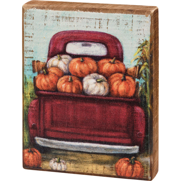 Decorative Wooden Block Sign Decor - Red Pickup Truck And Pumpkins - 4 Inch x 5 Inch from Primitives by Kathy