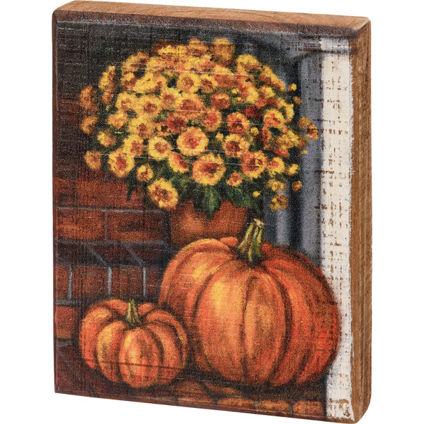 Decorative Wooden Block Sign Decor - Pumpkins & Mums Flowers 4 Inch x 5 Inch from Primitives by Kathy