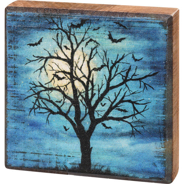 Decorative Wooden Block Sign Decor- Haunted Tree With Moon & Bats - 4 Inch x 4 Inch from Primitives by Kathy