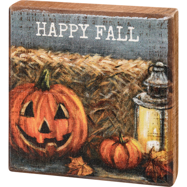 Decorative Wooden Block Sign - Happy Fall - Jack O Lantern Pumpkin Design 4x4 from Primitives by Kathy