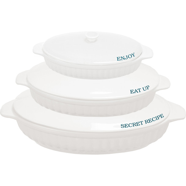 Set of 3 Stoneware Covered Casserole Dishes - Enjoy & Eat Up & Secret Recipe - White from Primitives by Kathy