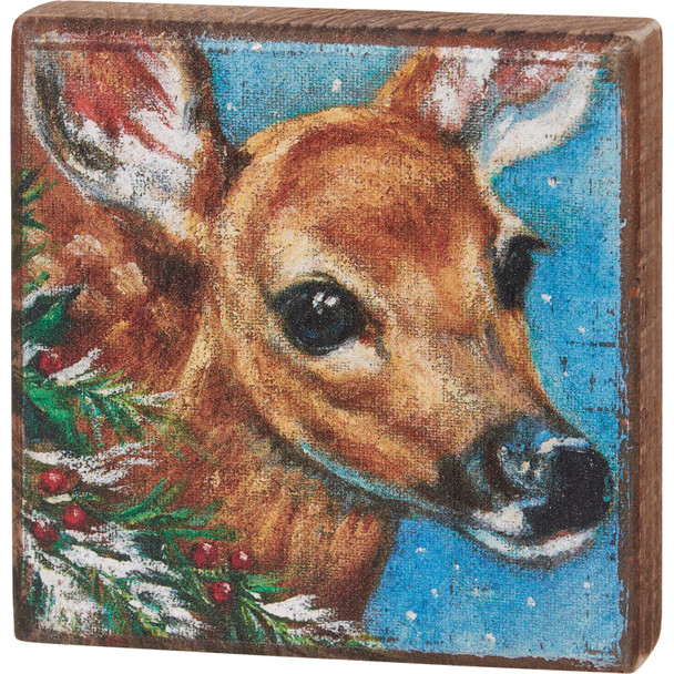 Decorative Wooden Block Sign Decor - Deer In Snowy Woodlands - Christmas Collection 4x4 from Primitives by Kathy