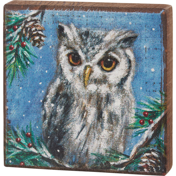Decorative Wooden Block Sign Decor - Owl In Snowy Pines & Holly Berries 4x4 from Primitives by Kathy