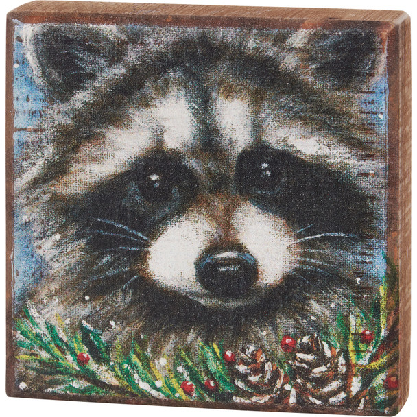 Decorative Wooden Block Sign Décor - Raccoon & Snowy Pinecones & Holly Berries from Primitives by Kathy