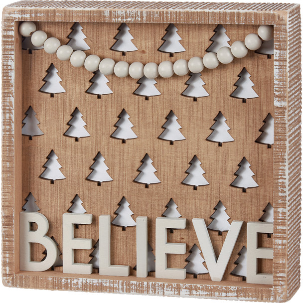 Decorative Inset Wooden Box Sign - Believe - Cutout Christmas Trees Design 8x8 from Primitives by Kathy
