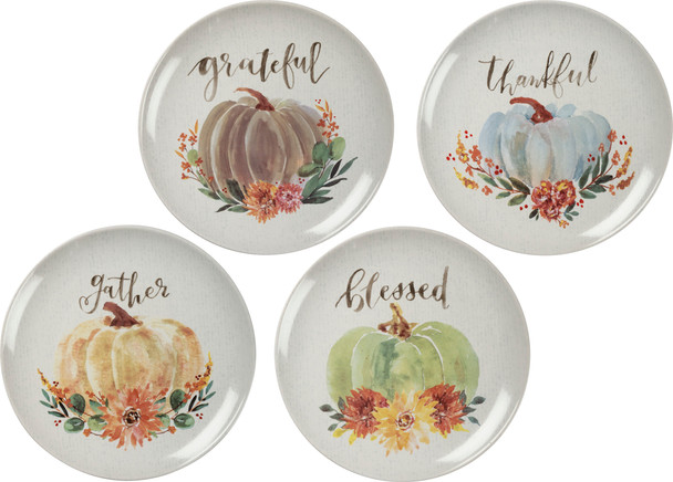 Set of 4 Pumpkin Themed Thankful Grateful Blessed Gather Stoneware Plates from Primitives by Kathy