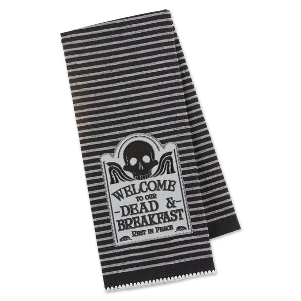 Cotton Kitchen Dish Towel - Black & White Skull Design - Welcome To Our Dead & Breakfast Embellished from Design Imports