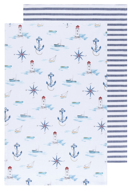 Set of 2 Cotton Kitchen Dish Towels - Nautical Anchor & Lighthouse Print Design - 18 Inch x 28 Inch from Now Designs