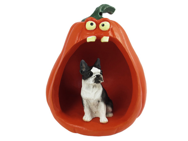 Dog Lover Hand-painted Figurine - Boston Terrier Halloween Statue And Spooky Pumpkin From Conversation Concepts