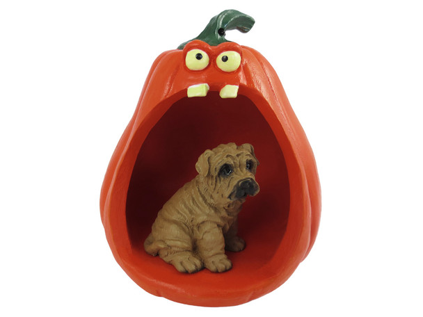 Dog Lover Hand-painted Figurine - Shar Pei Brown Halloween Statue And Spooky Pumpkin From Conversation Concepts