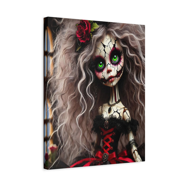 Spectral Bloom: Gothic Porcelain Doll, Day of the Dead Aesthetic - Unframed Canvas Wall Art Decor 16″ x 20″ (Vertical)/1.25"