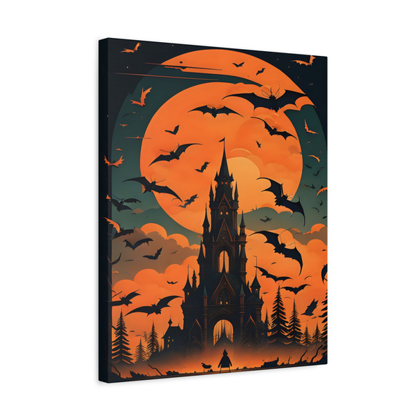 Moonlit Citadel: Gothic Halloween Landscape, Supernatural Bat Silhouettes - Unframed Canvas Wall Art Decor 16″ x 20″ (Vertical)/1.25"