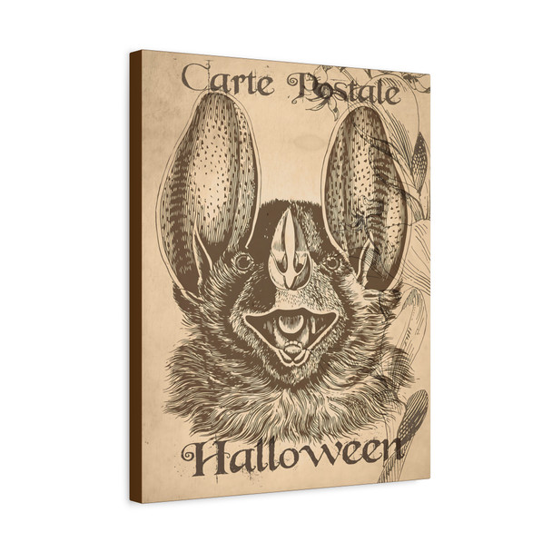 Vintage Halloween Bat Postcard Illustration, Classic Sepia Engraving Art - Unframed Canvas Wall Art Decor 16″ x 20″ (Vertical)/1.25"