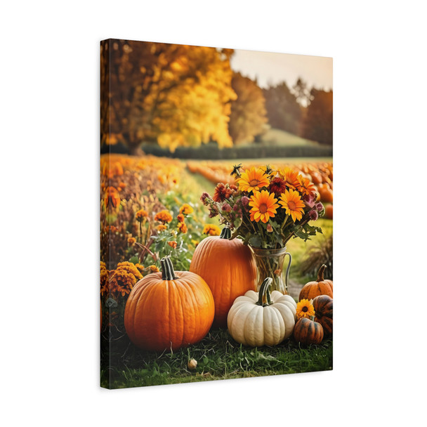Seasonal Wildflower Composition, Harvest Pumpkin Landscape - Unframed Canvas Wall Art Decor 16″ x 20″ (Vertical)/1.25"